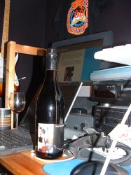 A bottle of Coal Valley Pinot Noir back at Mark's place. Notice the smugly self-referential nature of the web page in the background.