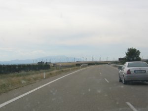 A windfarm in Loloba country (with squashed insects on the windscreen)